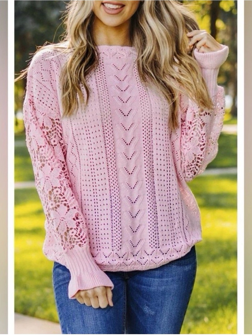 Azura Exchange Pink Lace Crochet Sleeve Romantic Boho Slouchy Chunky Sweater M